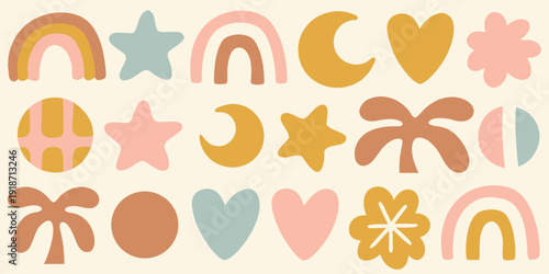 Colorful abstract shapes and celestial forms in a playful arrangement