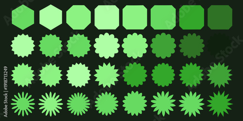 A gradient of green shades displayed in hexagonal and circular forms