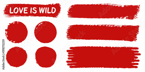 Red brushstrokes and hearts with the phrase love is wild