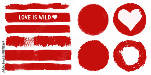Red brushstrokes hearts and text reading love is wild on white