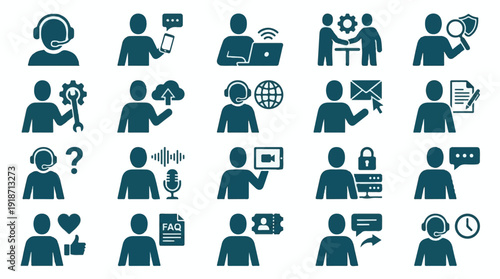 Set of diverse customer support, communication, and technology service icons