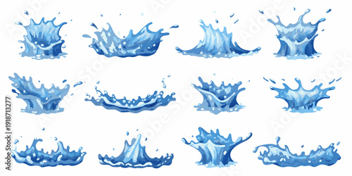 Collection of vibrant blue water splashes and droplets on white background