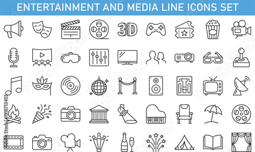 Entertainment and media line icons set, cinema music gaming theater festival production vector illustration collection