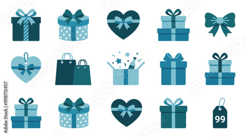 Gift boxes and present icons set in blue and teal colors