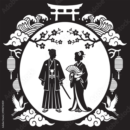 Traditional Japanese couple in traditional attire, featuring a samurai and a geisha, surrounded by cultural symbols like cherry blossoms, torii gate, and lanterns.