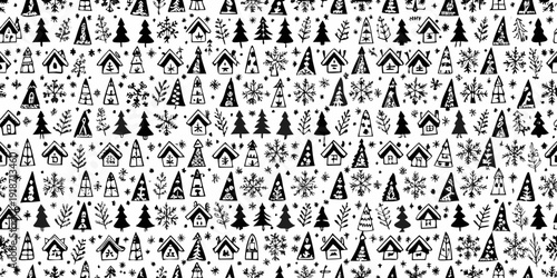 Whimsical black and white pattern of houses and evergreen trees