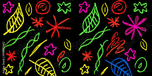 Colorful chalk drawings of leaves stars and abstract shapes on black