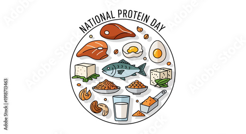 Illustration of various protein rich foods on a plate for National Protein Day in USA, promoting balanced diet and nutritional awareness.