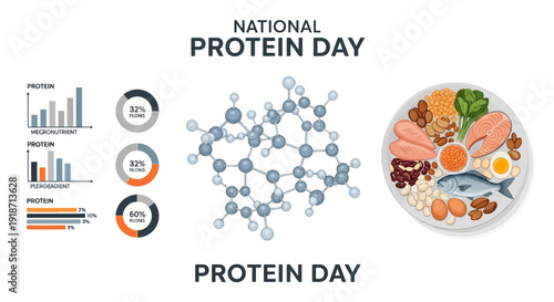 Infographic illustration for National Protein Day in the USA, highlighting protein rich foods, macronutrient intake, and balanced diet with a plate of food and molecular structure on a