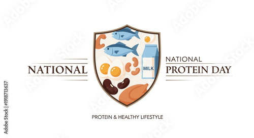 Vector illustration of a shield with various protein-rich foods on National Protein Day, promoting a balanced diet and nutritional awareness with a mix of plant-based and animal-based