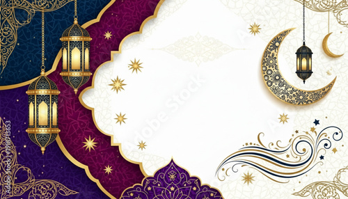Elegant Islamic Festive Background featuring Golden Lanterns, Crescent Moon, and Intricate Patterns. Ideal for Ramadan, Eid Greetings, or Cultural and Spiritual Event Invitations