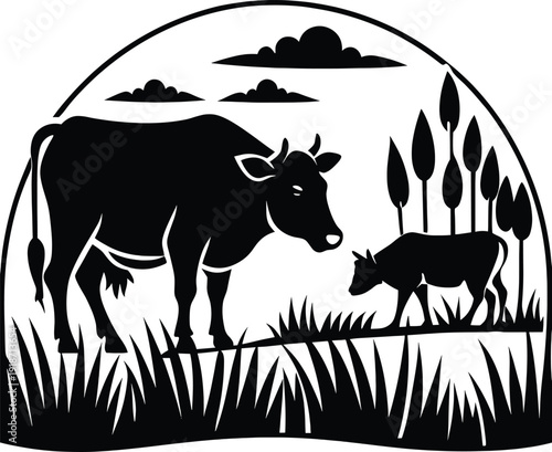 Farm animal scene: a cow and calf in a stylized landscape with clouds.