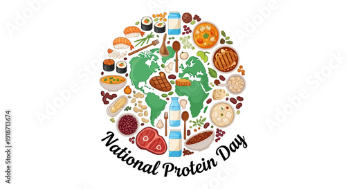 Illustration of National Protein Day with various protein rich foods surrounding a globe on a clean background, promoting nutritional awareness and balanced diet.