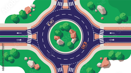 Top-down illustration of a city roundabout with cars, trees, and rocks