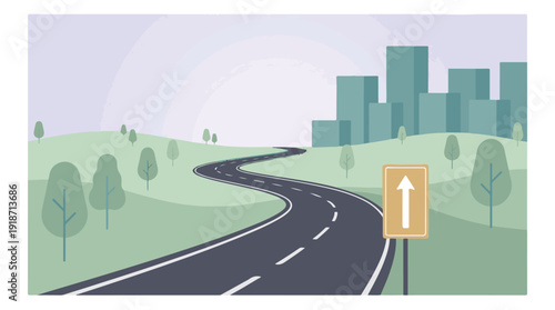 Winding road leading to a city with green hills and an upward arrow sign.