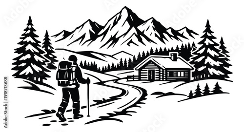 Hand drawn line art illustration of a hiker walking towards a mountain cabin depicting outdoor adventure for nature tourism
