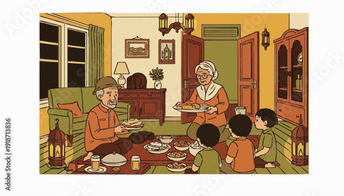 A Muslim family shares a traditional Iftar meal together after fasting during Ramadan, a moment of togetherness and gratitude