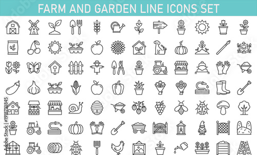 Farm and garden line icons set, agriculture plants tools animals, rural lifestyle farming symbols, organic cultivation outline collection design pack
