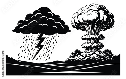 Line art disaster set featuring a stormy cloud with lightning and a mushroom cloud explosion for themes of destruction and powerful forces