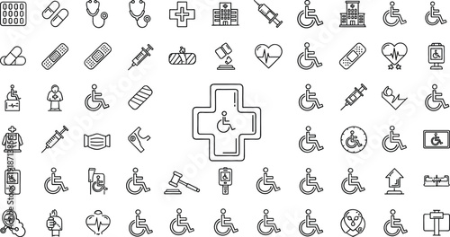 Disability and Accessibility Line Icon Set with Wheelchair Symbols, Medical Support, Inclusive Facilities, and Handicap Assistance Signs for Public Services