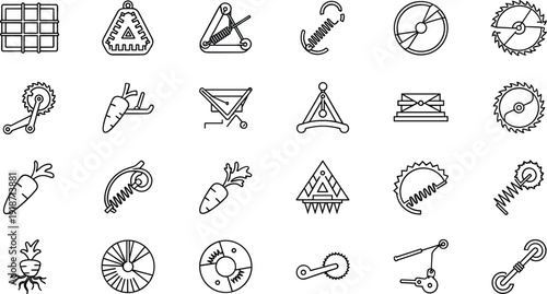 Agriculture and Farming Equipment Line Icon Set with Carrot, Saw Blade, Plow Tools, Mechanical Parts, and Industrial Harvest SymbolsAgriculture and Farming Equipment Line Icon Set with Carrot,