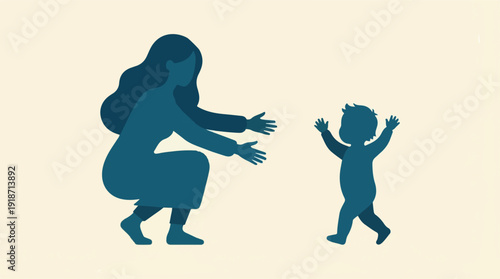 Silhouette of a mother with open arms and a child taking first steps