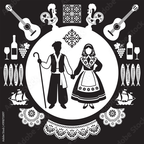 Traditional Portuguese Folk Art Illustration with Couple, Music, Food, and Ships.