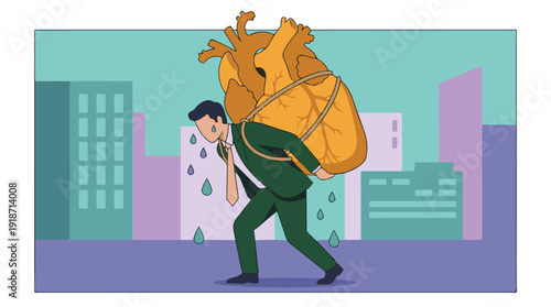 Businessman carrying a huge heart, symbolizing emotional burden and stress