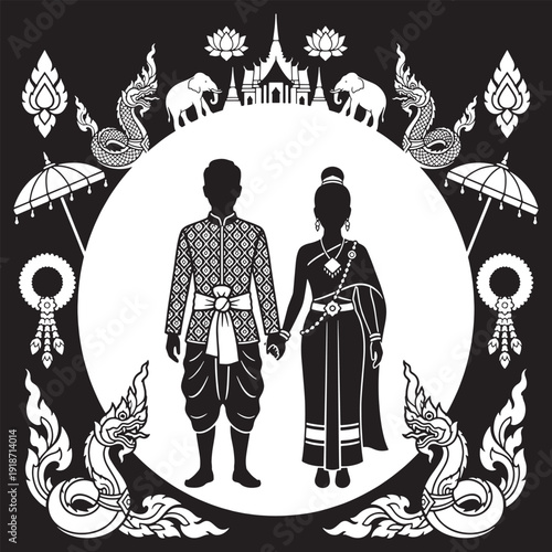 Traditional Thai Couple in Formal Attire Holding Hands with Cultural Symbols.