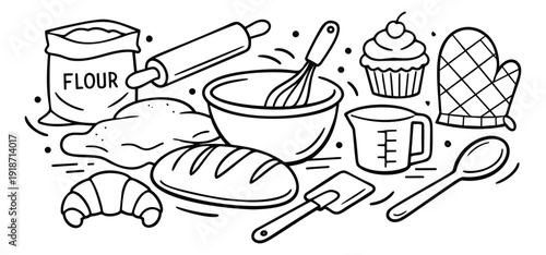 Hand drawn line art baking supplies set featuring a flour bag, kitchen utensils, and pastries for cooking and baking