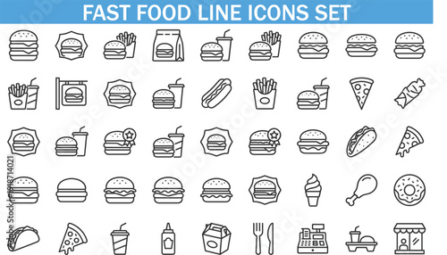 Fast Food Line Icons Set, Burger, Fries, Pizza, Hot Dog, Soda, Street Food Vector Collection