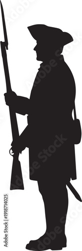 American revolutionary war soldier holding musket with bayonet historical figure silhouette vector illustration