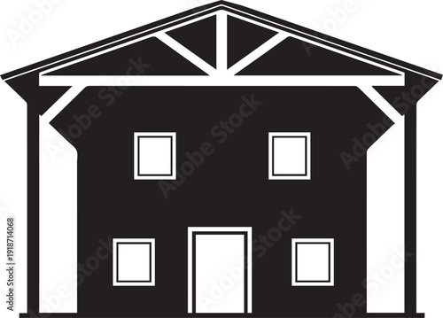Blockhouse style frontier building silhouette vector illustration with line art windows