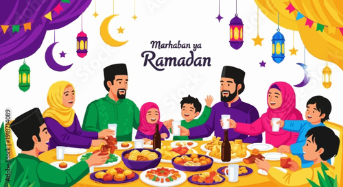 Happy Muslim Family Celebrating Iftar Dinner During Ramadan Holy Month, Enjoying Traditional Food and Festive Decorations Together