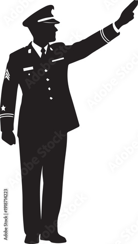 Modern military officer directing army troops pointing arm silhouette vector illustration line art
