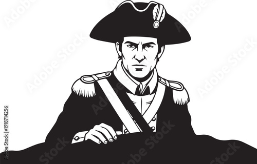 Portrait of serious colonial military officer in uniform silhouette vector illustration