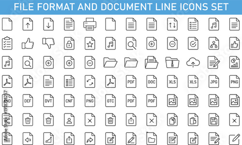 File Format and Document Line Icons Set, Folder PDF DOC XLS PNG JPG Outline Vector Collection