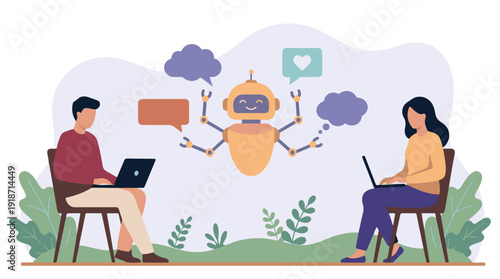 People communicate with friendly AI chatbot using laptops, digital interaction