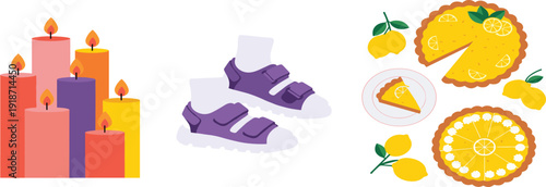 Cute Lifestyle Vector Illustration Set With Candles Summer Sandals And Lemon Pie Dessert Icons For Decoration Food And Relaxation Concept