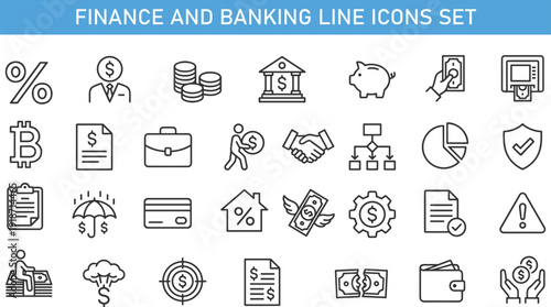 Finance and banking line icons set, money investment payment security outline vector illustration collection for financial business
