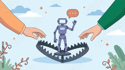 Robot standing on a bear trap, with two human hands reaching towards it, illustrating AI risk