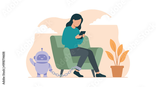 Woman absorbed by smartphone, robot chained to her leg illustrating digital addiction