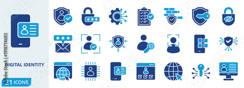digital identity flat icon pack collection of identity, digital, security, access, technology, identification, information, biometric, authentication, protection icon