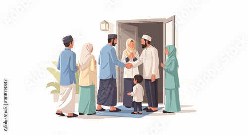 Muslim Family Celebrating Eid, Greeting Guests at the Doorway with Warm Welcomes and Joyful Gatherings