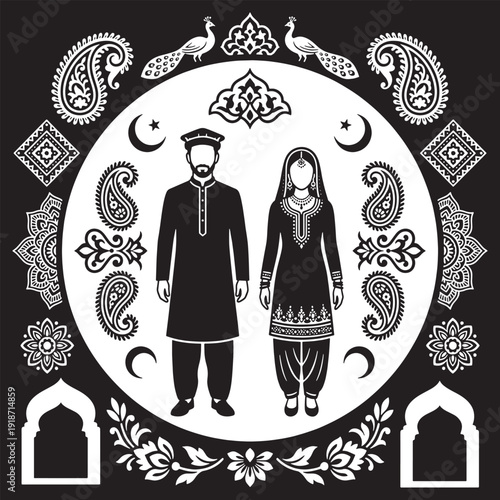 Traditional Pakistani Couple in Cultural Attire with Decorative Elements.