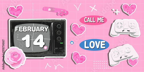 A playful valentine s day collage featuring hearts gaming elements and a tv