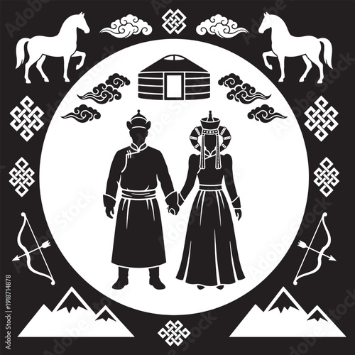 Traditional Mongolian couple holding hands in traditional attire with cultural symbols and elements.