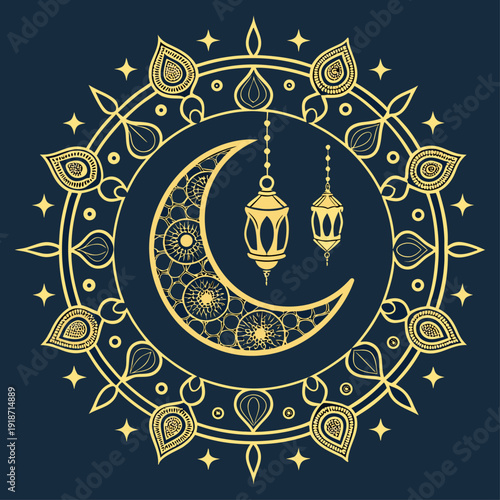 Golden Crescent Moon Mandala with Hanging Lanterns on Deep Blue Background – Ramadan Kareem Design.