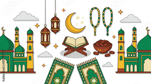 Ramadan and Eid Al-Fitr Islamic celebration symbols flat illustration
