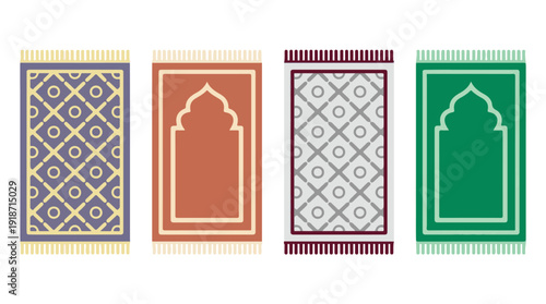 Four colorful Islamic prayer mats with traditional and geometric patterns